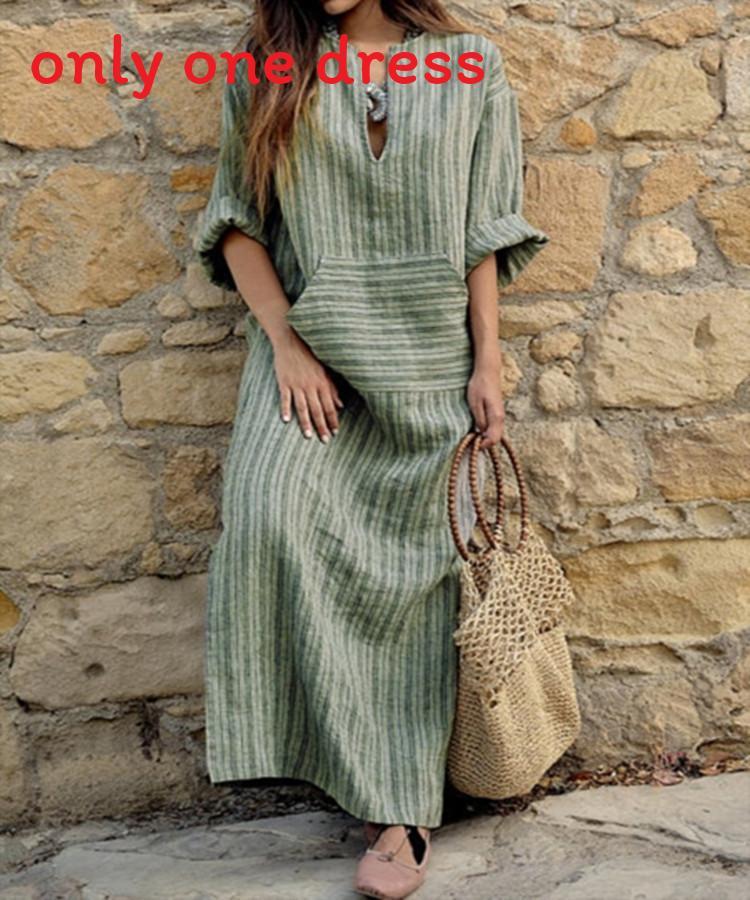 Art Vintage Cotton Linen Striped Long Dress With Loose Fit For Women