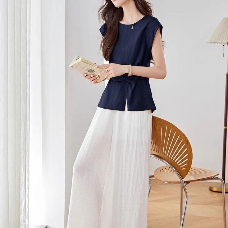 Summer Fashion Style Slimming Cotton Suit Set for Women - Sleeveless Top with Loose Wide-leg Pants Two-piece Set for Women