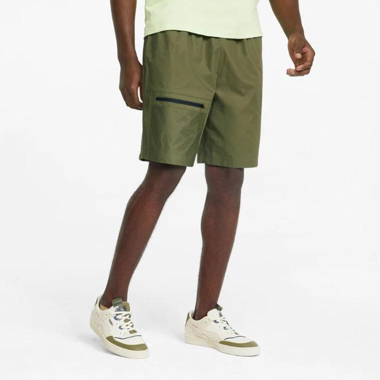 Puma Solid Color Logo Drawstring Straight Shorts Men Bottoms Deep-Moss-Green 536940-32