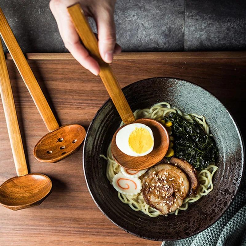 4 Adet Ahşap Kaşık Mutfak Kepçeleri Çorba Kaşığı Japon Ahşap Servis Kaşıkları Büyük Ramen Kaşığı Çorba Erişte Hot Pot Süzgeci Sofra Takımı