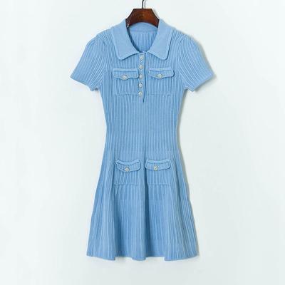 Women Diamond Buckle Knit Blue Mini Dress New Turn Down Collar Ladies Short Sleeve Pleated A-line Knitted Dresses C-013