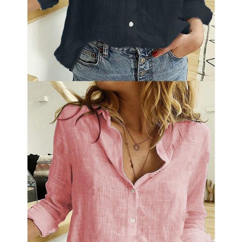 Spring and Autumn Solid Color Casual Loose Long-sleeved Linen Shirts In Stock