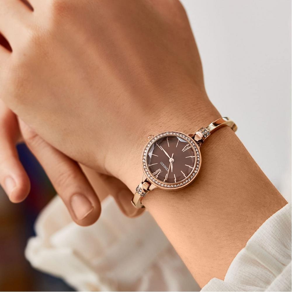 TIME100 Damenuhr, polyedrisches Glas, japanisches Quarz, Armbandtyp, verstellbares Band, 30 m wasserdicht, Damenuhr (Braun)