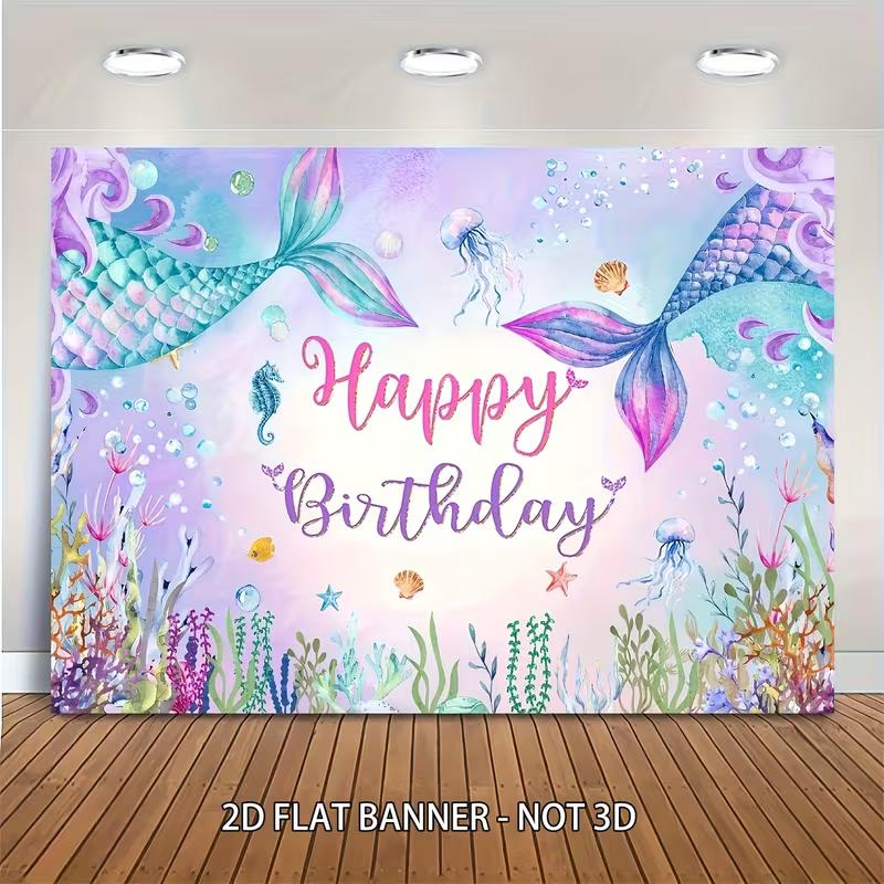 

2D Pastel Mermaid Tail Birthday Backdrop, Kids Under The Sea Photoshoot 47.2x31.5inch/120*80cm