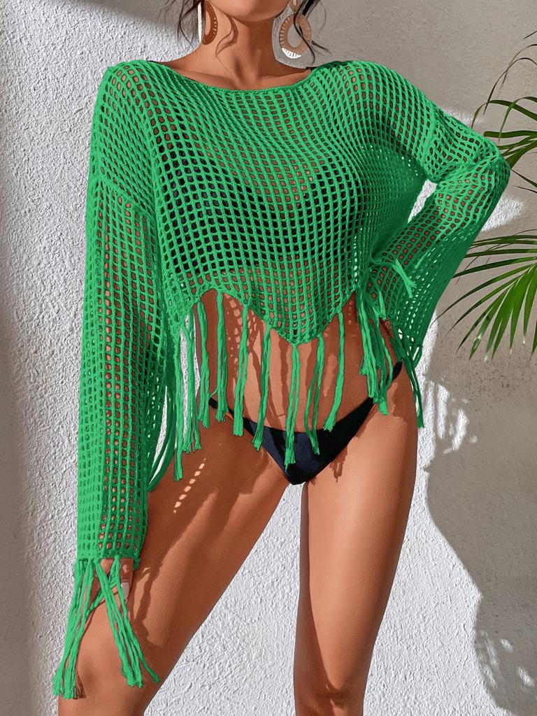 Sommerpullover kurzer hohl gestrickter Pullover mit Fransen lässiges und dünnes Oberteil Langarm locker zum Schichten Bluse