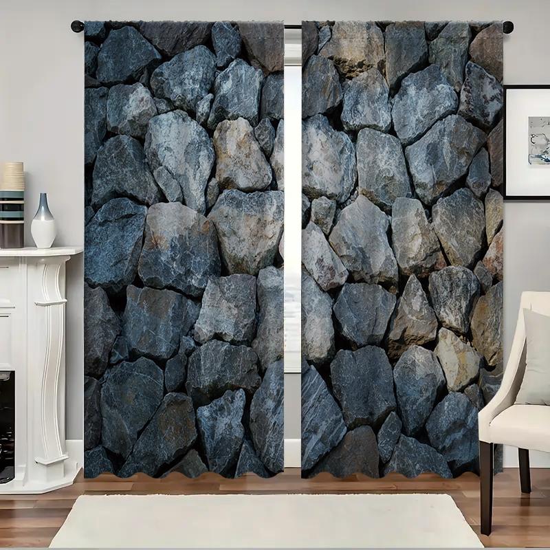 2PC Home Brick and Stone Wallsl Curtains With Landscape Background And Pole Pocket Curtains, Kitchen, Coffee Shop, Living Room,