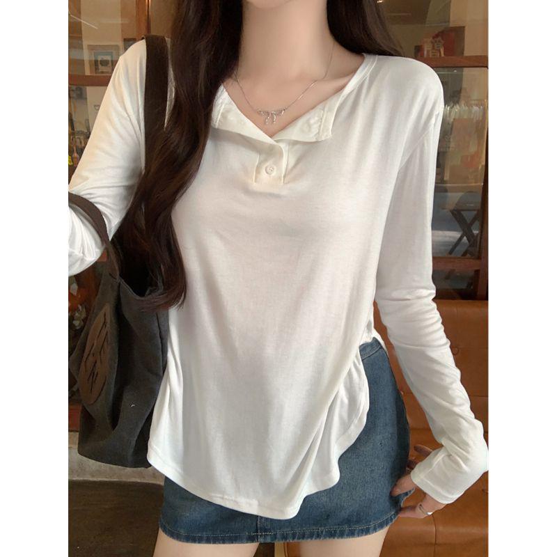 Pure Desire Grey V-neck Long Sleeve Sun Protection T-shirt for Women – Early Autumn Loose Chic Style