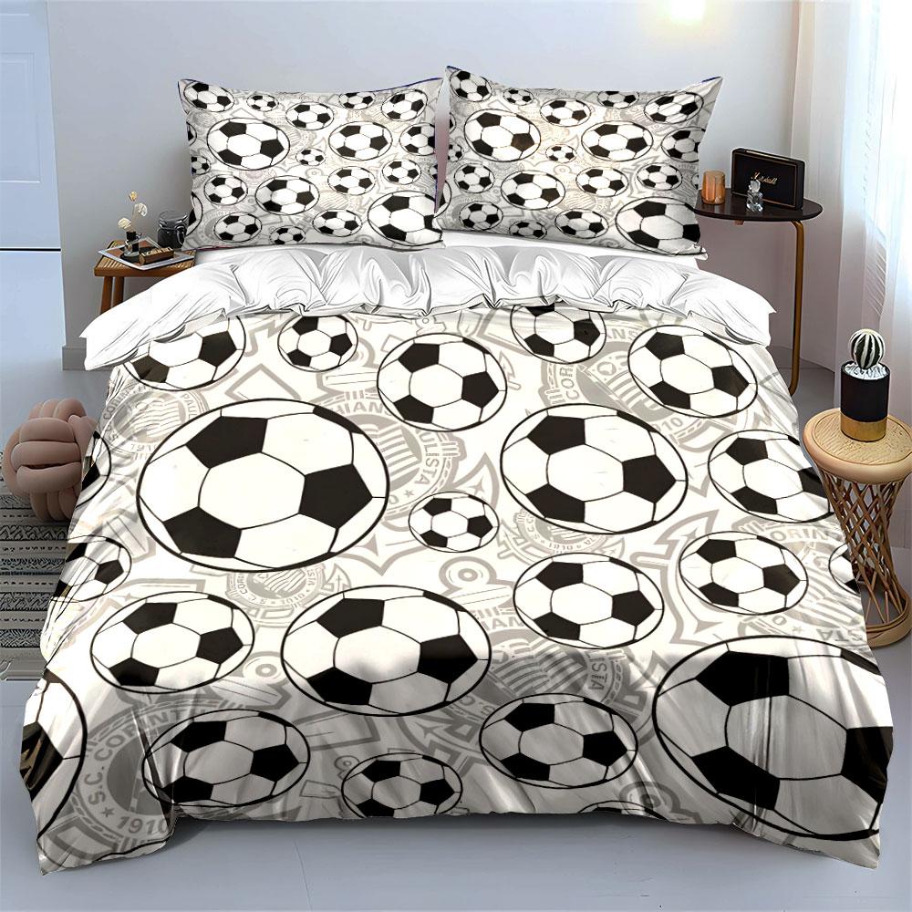 3Pcs Soccer Ball Bedding Set, Black And White Football Pattern Print Duvet Cover + 2 Pillowcases, Sports Fan Bedroom Decor