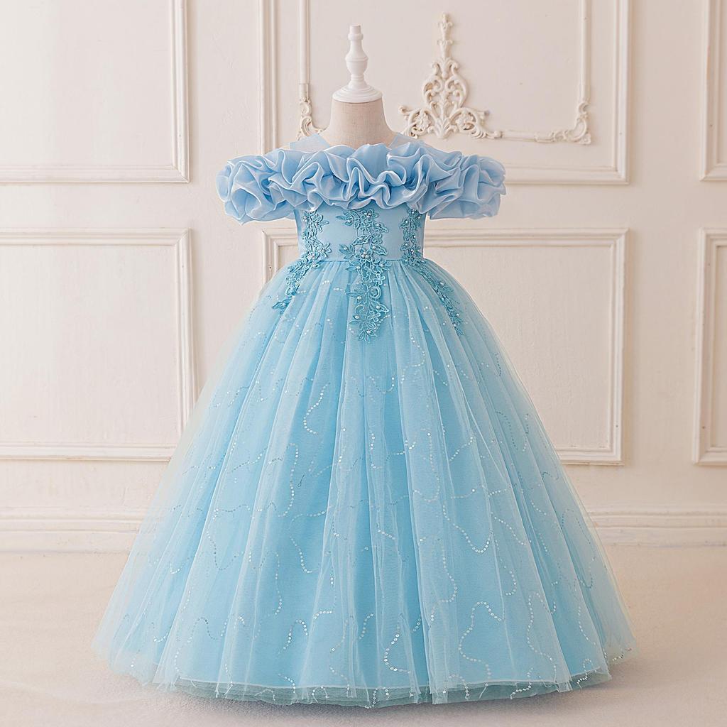 Abito da Principessa Ricamato con Perle per Bambina 4-12 Anni Moda Spalle Scoperte Manica a Sbuffo Abito in Rete Compleanno Matrimonio Damigella