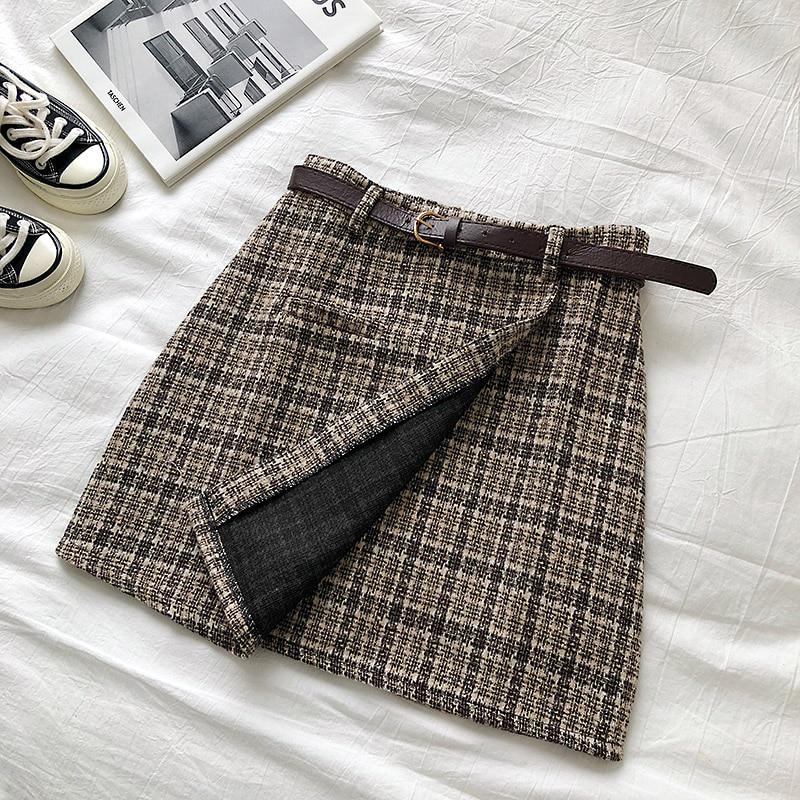Autumn Sweet High Waist A-line Mini Skirt Chic Sashes  Irregular Lady Skirt Vintage Casual Women Plaid Skirt