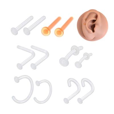 Transparent Glass Nose Stud & C-Shaped Ring Set – L-Shaped & 5-Word Curved Bar Invisible Piercing Jewelry