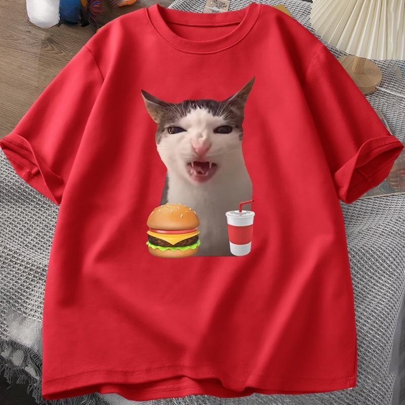Cat Crunching Food Meme Tshirt Women Unisex Silly T Shirts Funny Cat Eating TShirt Cotton Short Sleeve Graphic Tees Streetwear