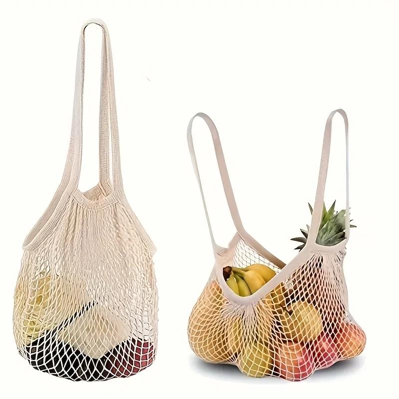 1pc Portable Pure Cotton Mesh Bag, Full Cotton Drawstring Fruit and Vegetable Storage Tote with Handle
