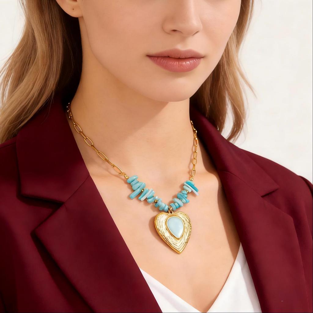 Gold-Plated Heart Pendant Necklace with Blue Coral Branch Chain