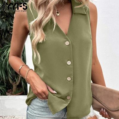 Women's Fashion Casual Summer Spring Solid Color Print Sleeveless POLO Neck Blouses & Shirts
