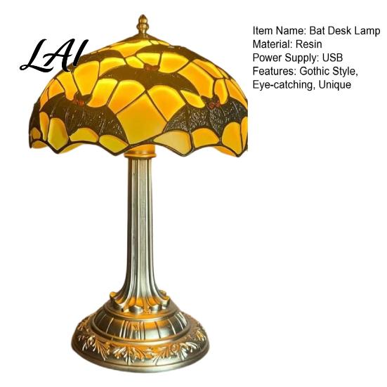 Goth Chic Office Desk Decor Stained Glass Black Bat Table Lamp Vintage Resin Retro Small Decorative Light for Mantel Halloween Gothic Bedside