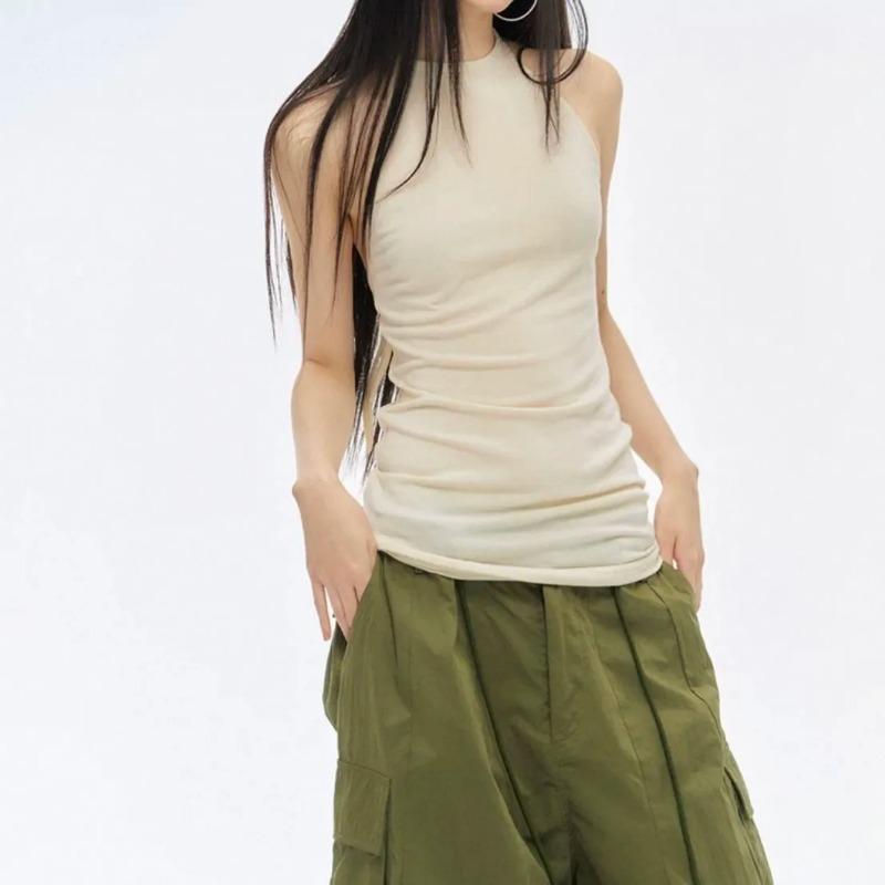 Women Off White Halter Neck Sleeveless Slim Fit Knit Top S абрикосовый