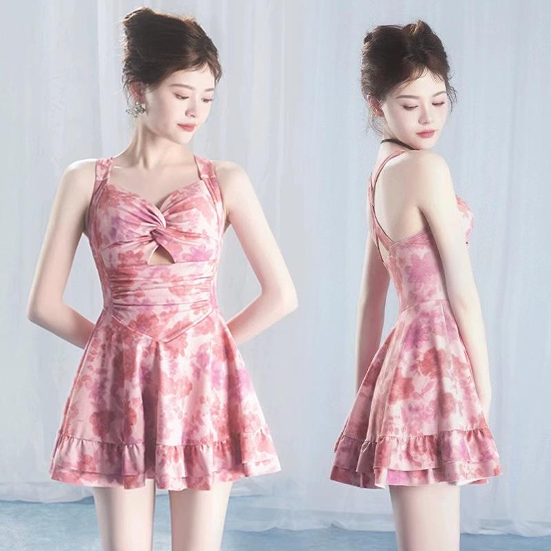 Women's One-Piece Spaghetti Strap Fashion Print Skirt Swimsuit - Conservative Slimming Bodycon Backless Design for Spring Vacation