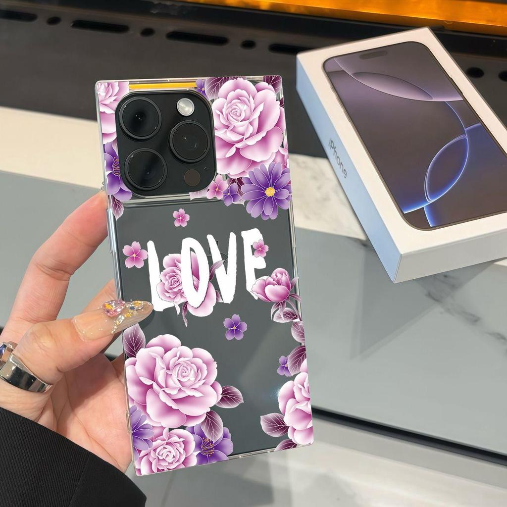 Transparente quadratische Rückseite Röhrenhülle Schutz für iPhone 13 12 11 14 Pro Max 15 Plus 16 ProMax Anti-Sauerstoff, Rosa Rosen Muster Hülle