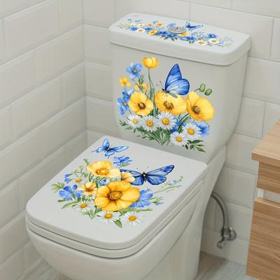 Self-adhesive Fresh Blue and Yellow Flower Butterfly Toilet Decal, Removable Sticker for Bathroom Art Style