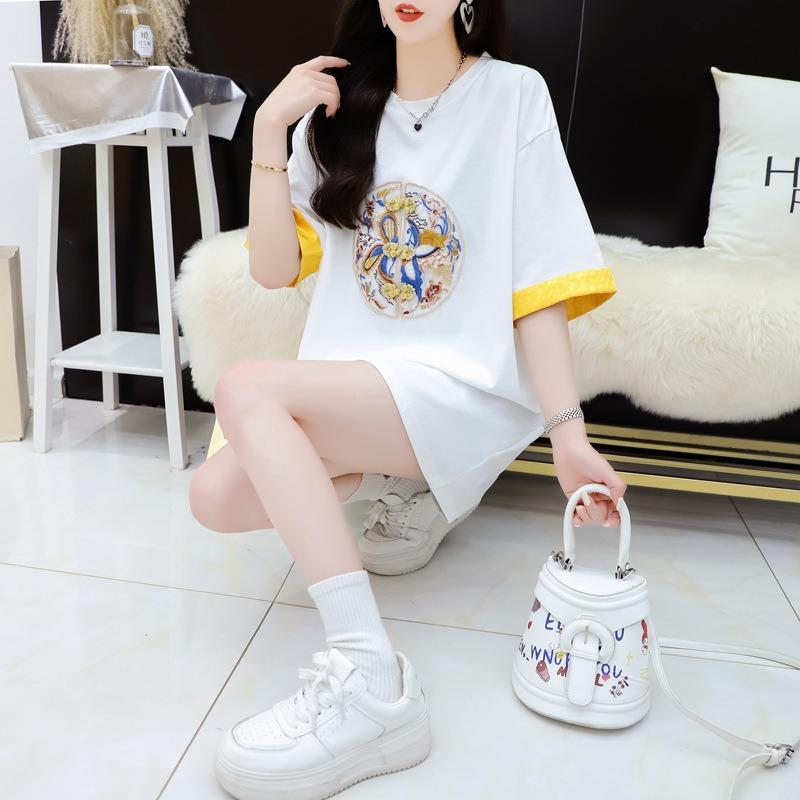 Women's Loose Large Size Slimming Medium Long Short Sleeve T-shirt Jacquard Summer Embroidery Top