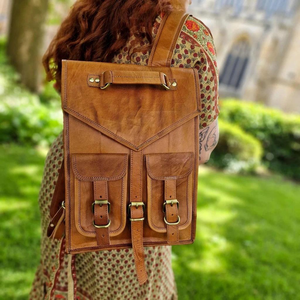 Goat Leather Bag Backpack Laptop Rucksack Vintage Travel Brown Genuine Men's New