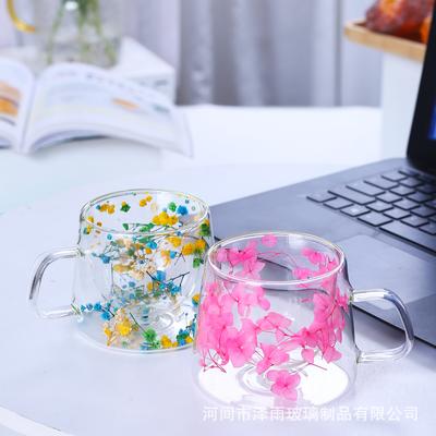 Double-layer Petal Glass Cup Quicksand Cup High Temperature Resistance Transparent Real Flower High Borosilicate Coffee Cup