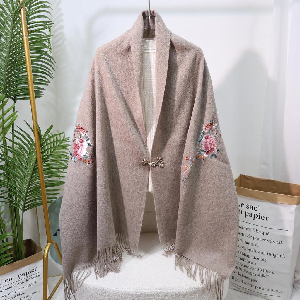 Fular din Lână Brodat în Stil Chinezesc – Șal Elegant de Iarnă pentru Femei, Față-Verso, Accesoriu Cald și la Modă