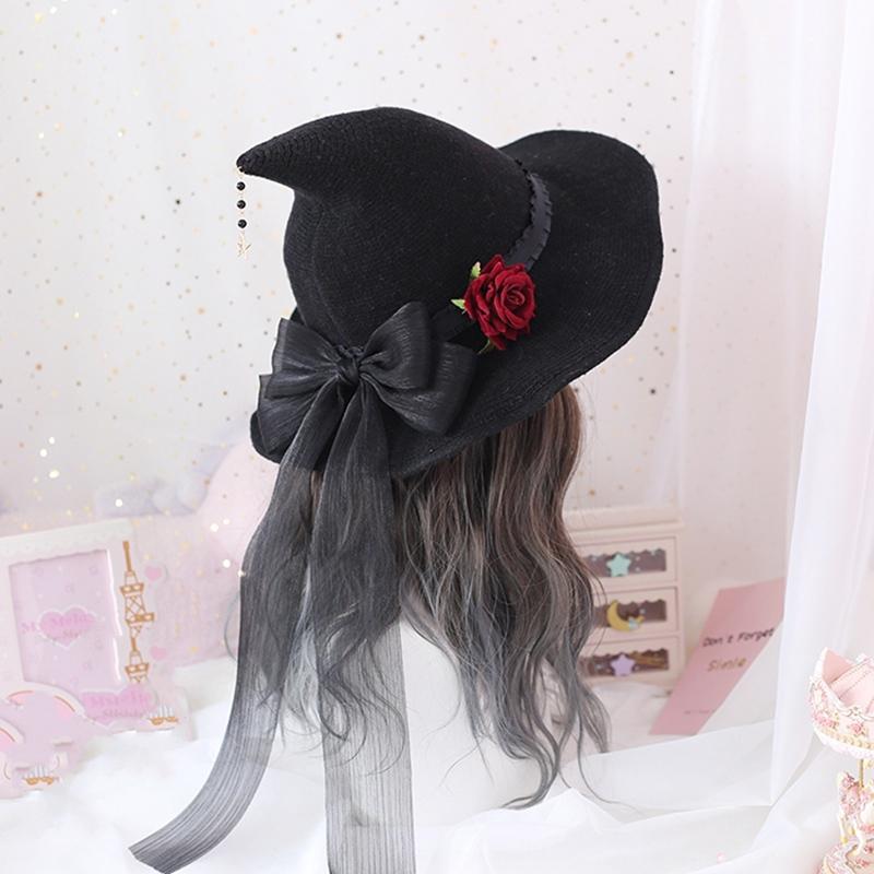Black Curved Cone Witch Hat Gothic Lolita Women Cosplay Dress Hat Accessories Halloween Party Magical Clown Wizard Hat Decor