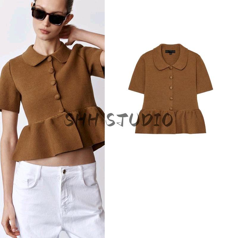 Spring New Women Clothes Graceful Lapel Short Sleeve A- Line Short Skirt Hem Knitted Outerwear 2142012