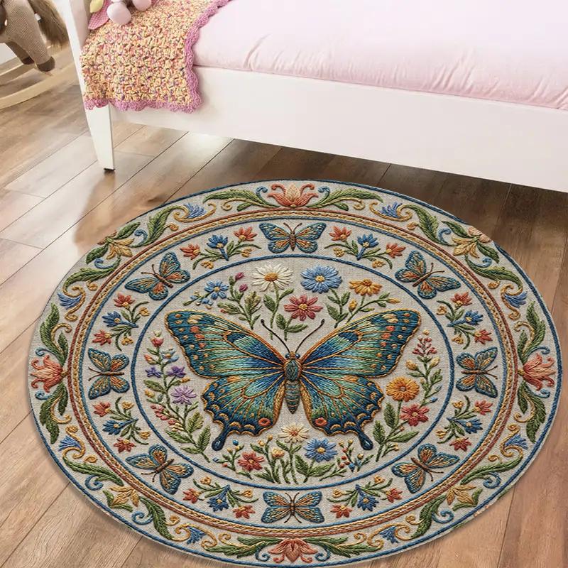 Tappeto Rotondo Retrò con Farfalle, Tappeto per Soggiorno Camera da Letto Divano Sala Giochi Decorazione, Tappetino Antiscivolo 86