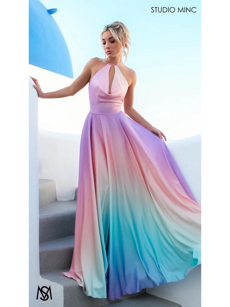 2026 Elegantes Abendkleid mit tiefem V-Ausschnitt und Farbverlauf: Damenkleid mit taillierter Taille, großem Saum, lang