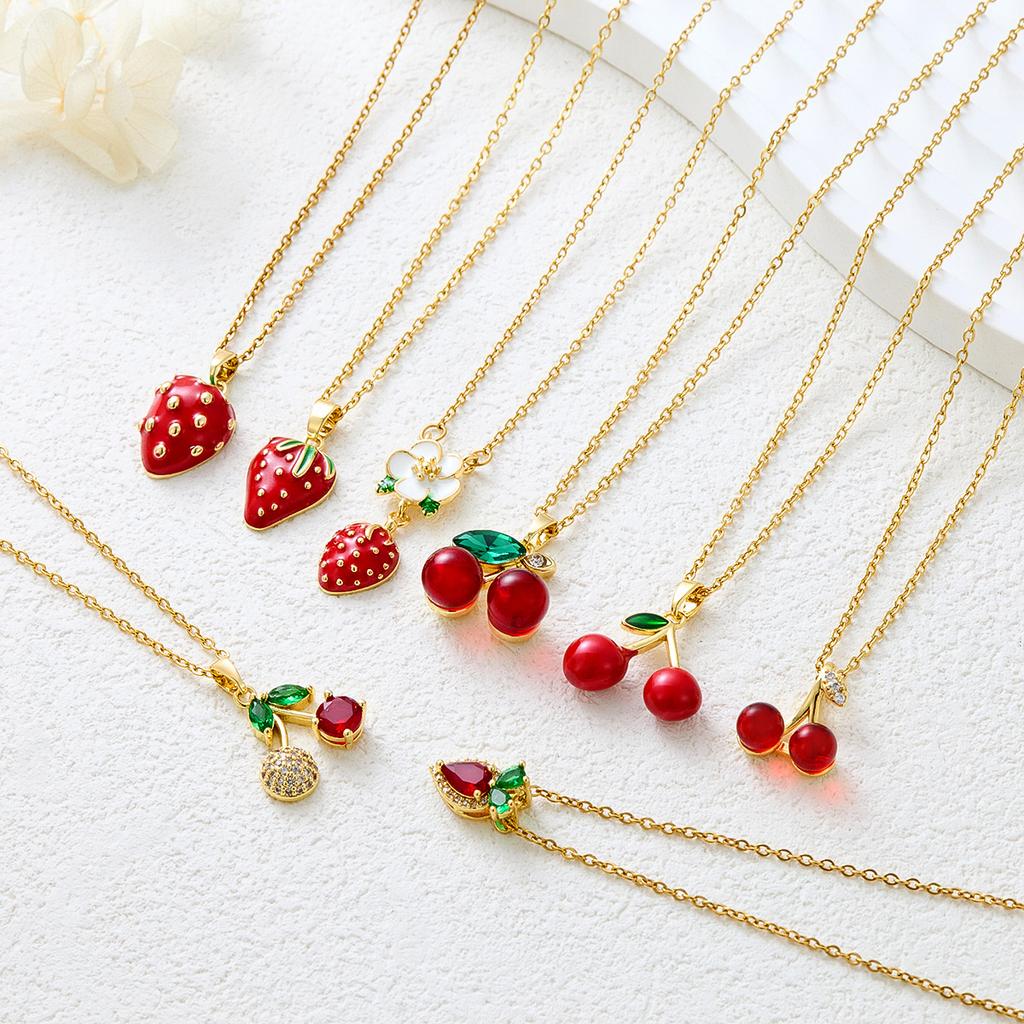 New Sweet and Cute Dripping Oil Strawberry Cherry Titanium Steel Necklace Female Simple Versatile Fruit Series Collarbone Chain