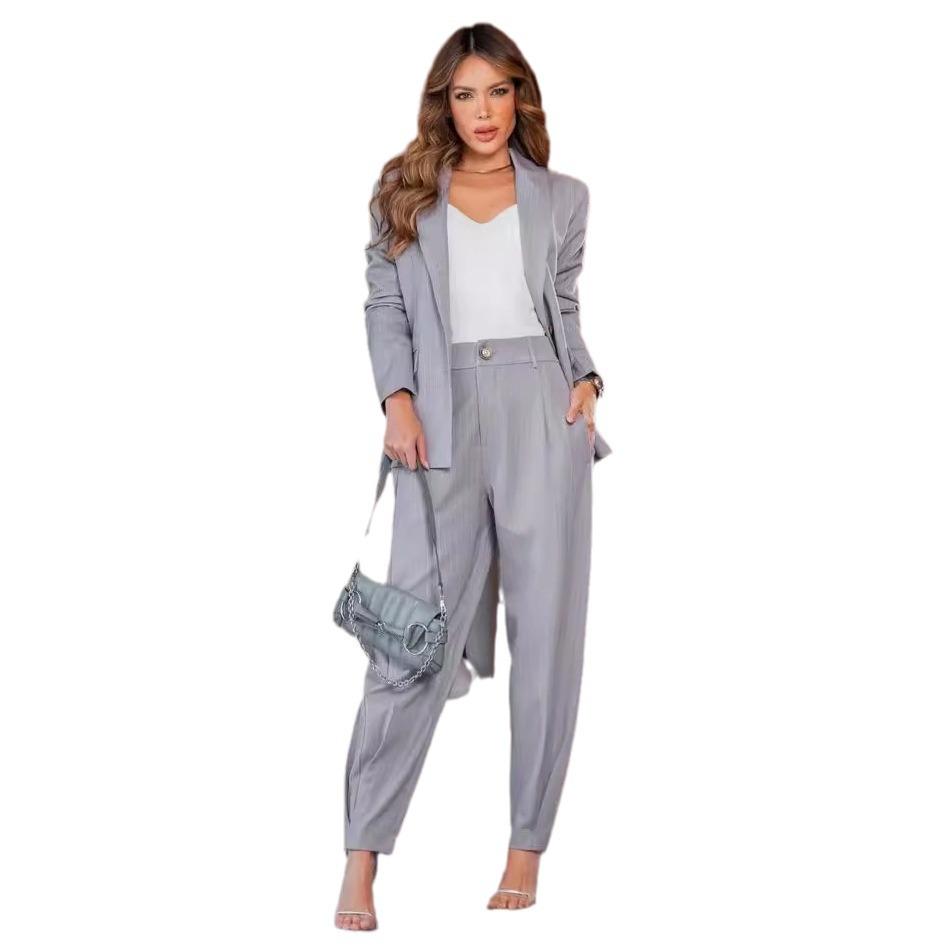 Women's High-End Solid Color Two-Piece Suit - Autumn 2024 European & American Style with Commuting Long Pants