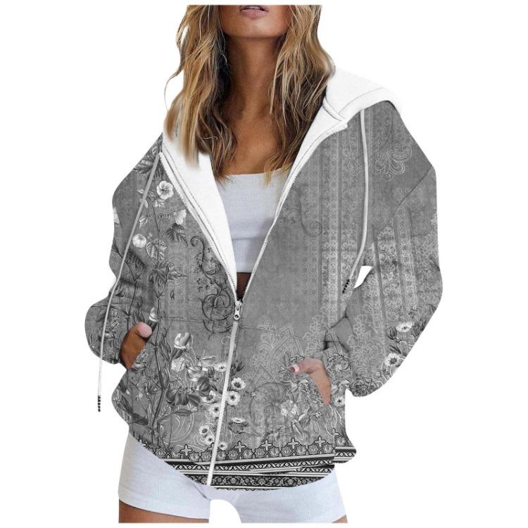 Fashion Women Casual Hoodie Coat Zipper Jacket Long Sleeve Printed Sweatshirt Cardigan with Pocket Autumn Winter Outerwear