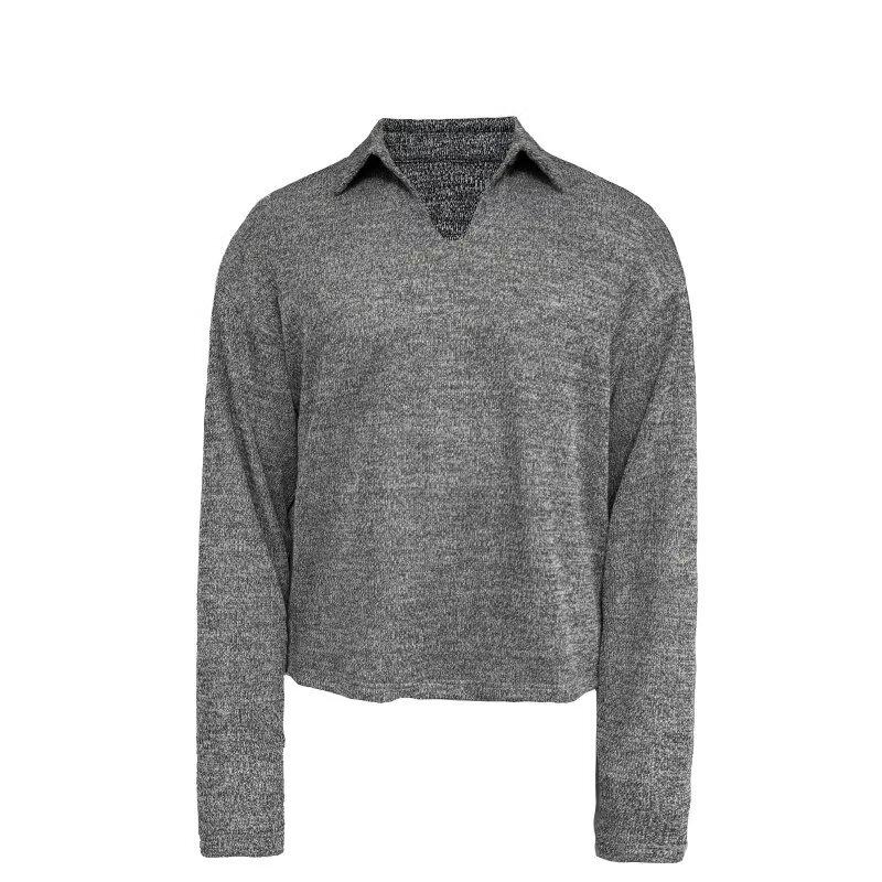 

Classic Black-Gray Knit Polo Hoodie with Wheat Ear Pattern for Men - Autumn Cleanfit Lapel Long-Sleeve T-Shirt Extra Large темно-сірий