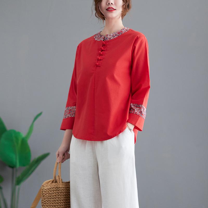 Retro Chinese Knot Ethnic Style Loose Plus Size Versatile Seven-Sleeve T-Shirt Large