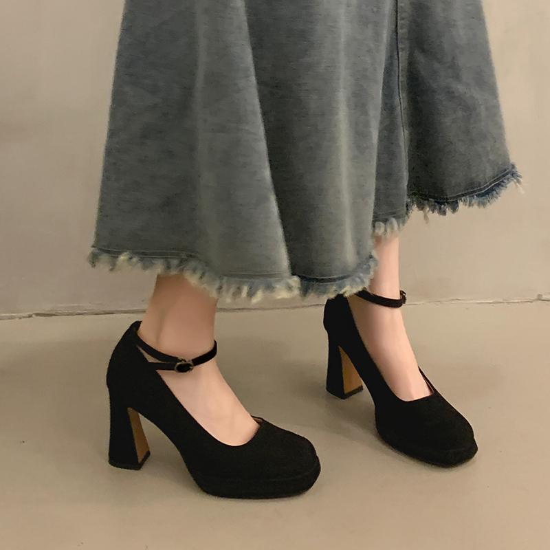 2025 New Sexy Ankle Strap Shoes Women High Heels Shoes Round Toe Pumps Thick Sole Heeled Dance Party Wedding Shoes Female