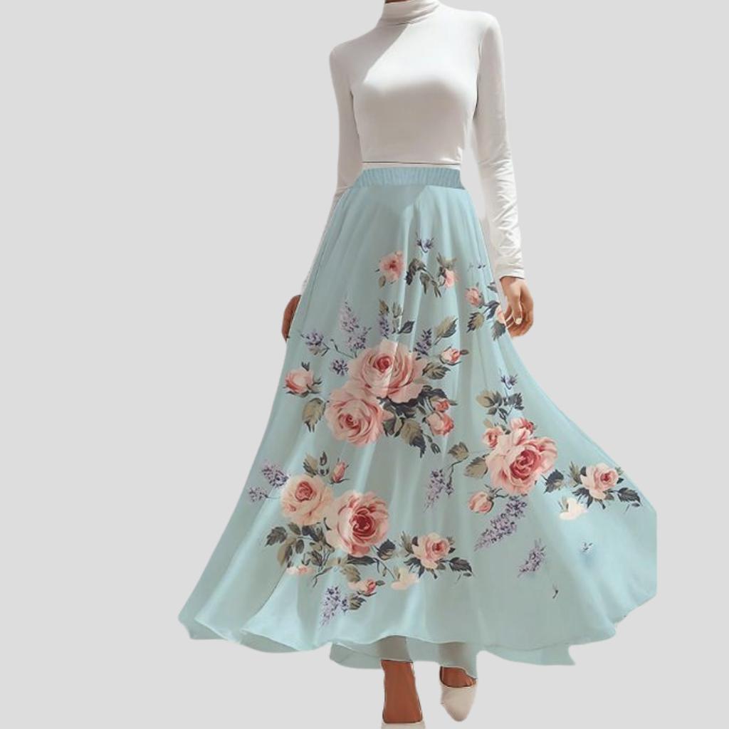 Spring Summer Women's Bohemian Printed Skirt High-Waist A-Line Long Floral Skirt