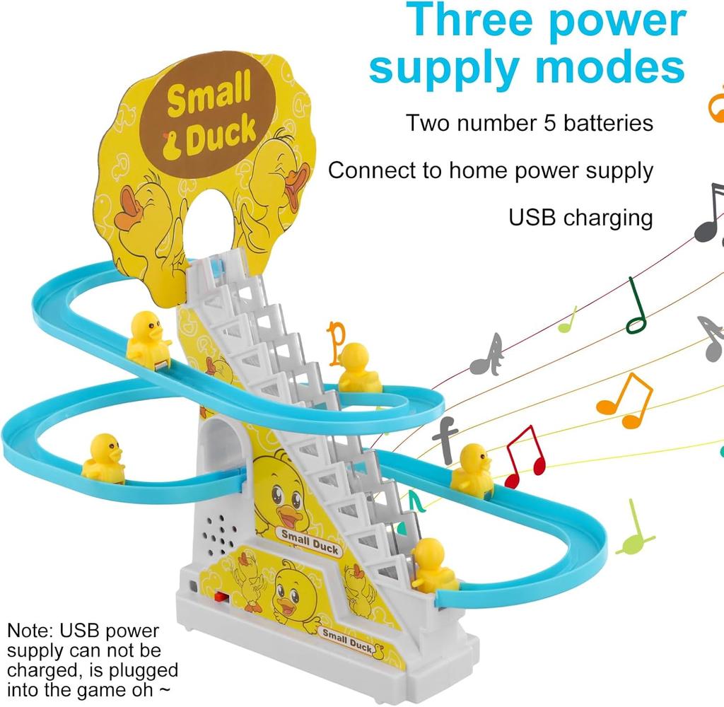 Small Duck Climbing Stairs Toy Kids Roller Coaster Toy Electric Duck Stair Climbing Toy with Music and Battery for Children (9 Ducks)