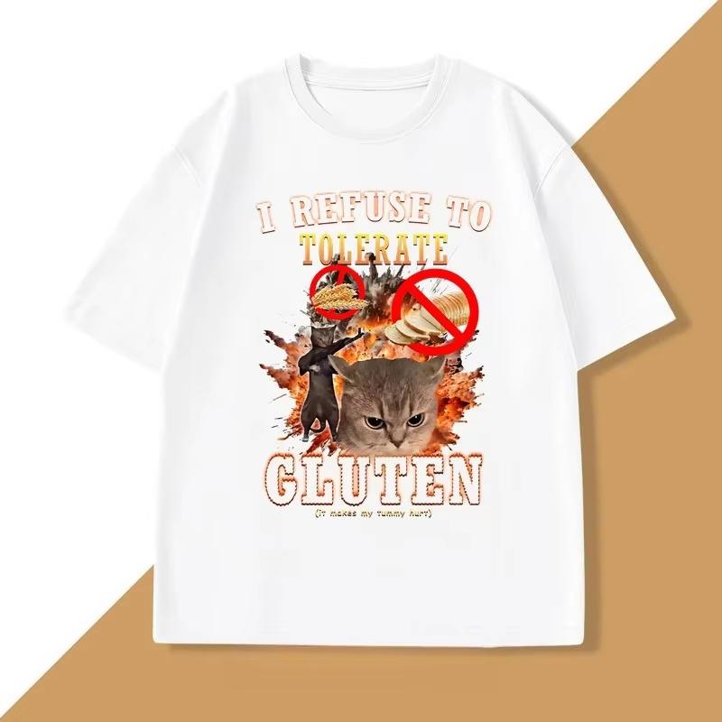 I Refuse Gluten Intolerance Funny Cat T-shirts Women s Casual T-shirts Women s Streetwear Graphic T Shirts Summer Streetwear Y2K S