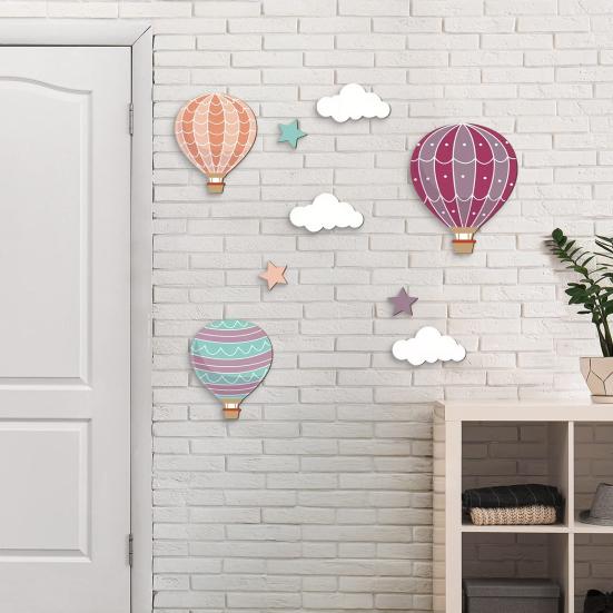 9 Pcs Hot Air Balloon Wooden Wall Sign Boho Nursery Wall Art Stars Clouds Balloons Wall Sculpture for Kids Bedroom Playroom Home Decor