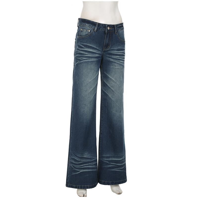 Patchwork Pockets Jeans Korean Fashion Low Rise Casual Straight Denim Pants Distressed Y2k Trousers for Women Basic Solid Color Jean