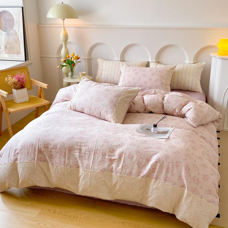 Class A Cotton Maternal And Infant Grade Lace Double-Layer Yarn, Small Style, Fresh, Soft And Comfortable Bed Sheet, Bed Hat Four-Piece