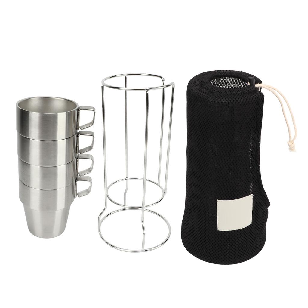 4PCS Camping Double Layer Cups Stainless Steel Food Grade Plastic Spraying Stackable Coffee Cup for Picnic Silver