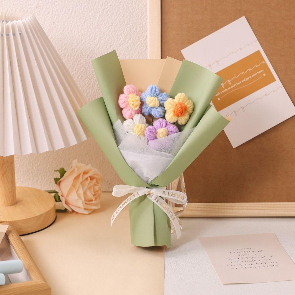 Cute Artificial Crochet Flowers Bouquet Handmade Mini Size Knitted Puff Flower 5 Stems Simulation Knitted Flower Teacher's Day