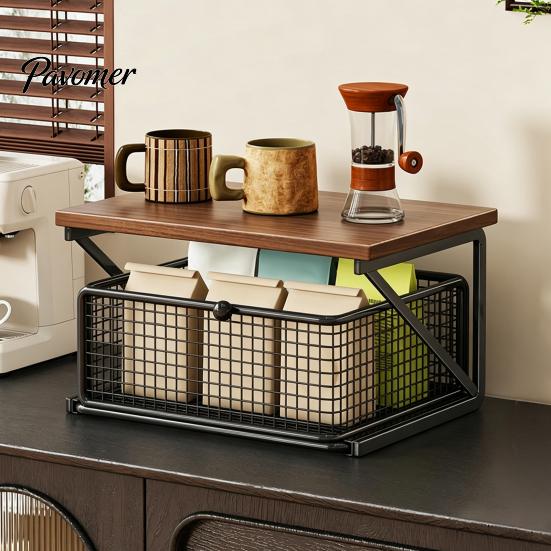 Dust Proof Storage Drawer Coffee Station Organizer with Drawer, Tiered Bar Organizer, Wooden Top Shelf, Pods Holder Wire Mesh Drawers for Tea