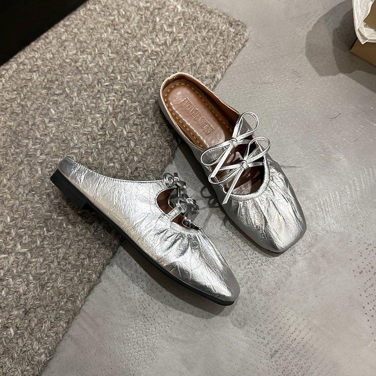 Inner Height-increasing Bow Silver Bag Head Half-drag Women's Shoes Fashionable Outer Wear 2025 New Summer Mary Jane Sandals