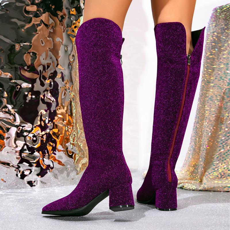 Fashion Liyke Runway Catwalk Fashion Sequined Thigh High Boots Women Purple Pointed Toe Zip Over The Knee Shoes Autumn Winter Low Heels