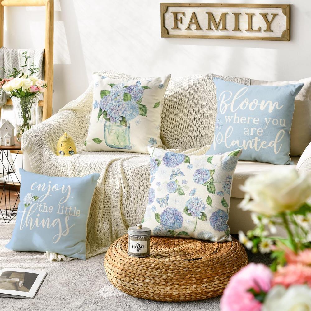 4pcs Spring Bloom Where You Are Planted Hydrangea Vase Throw Pillow Covers Enjoy The Little Things Blue Summer Cushion Case Decoration